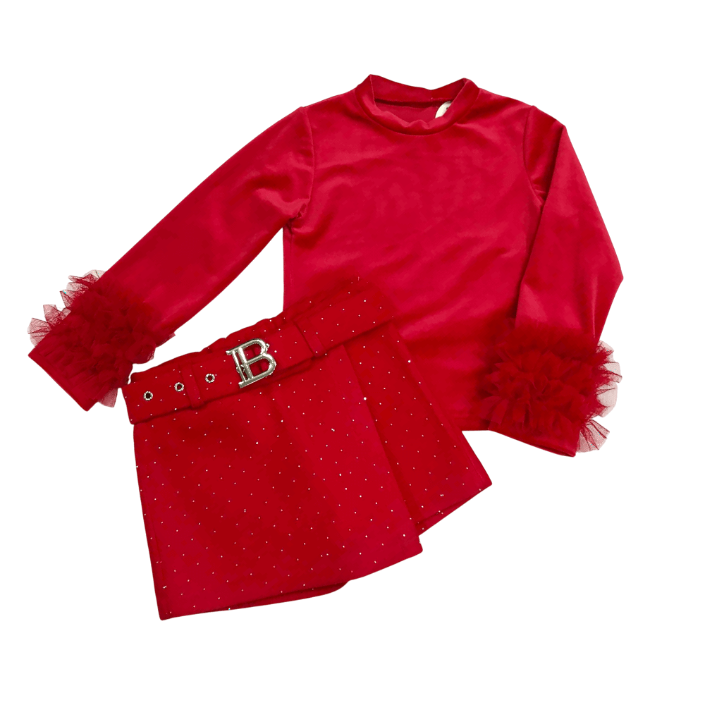 Σετ με σορτσόφουστα και βελούδινη μπλούζα σε κόκκινο