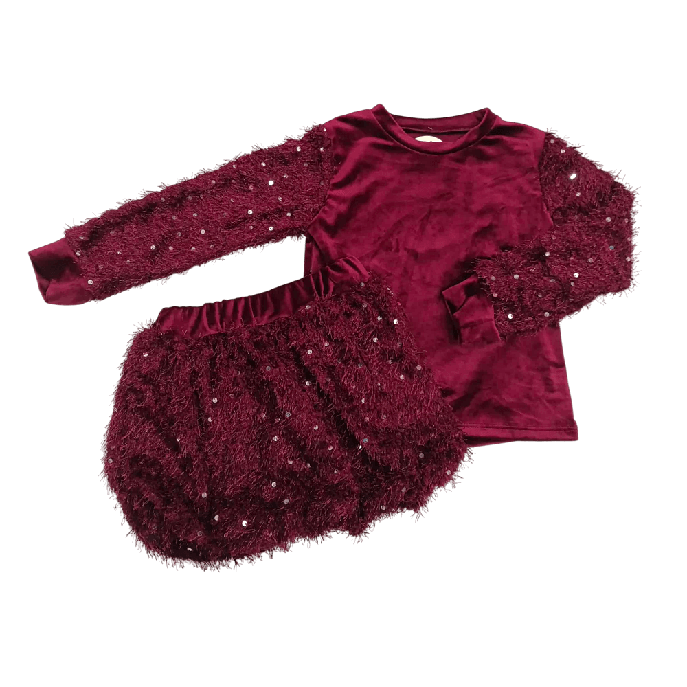 Σετ με βελούδινη μπλούζα και φούστα σε μπορντό