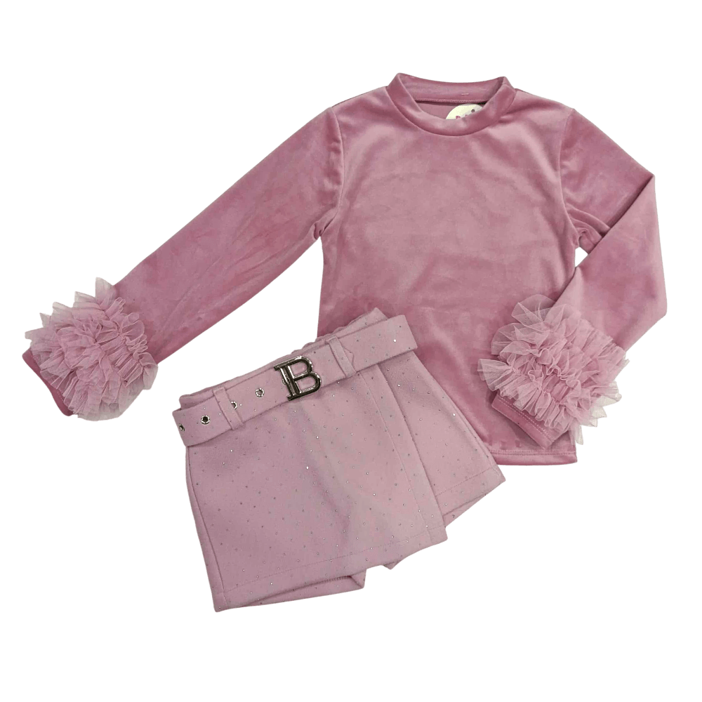 Σετ με σορτσόφουστα και βελούδινη μπλούζα σε ροζ