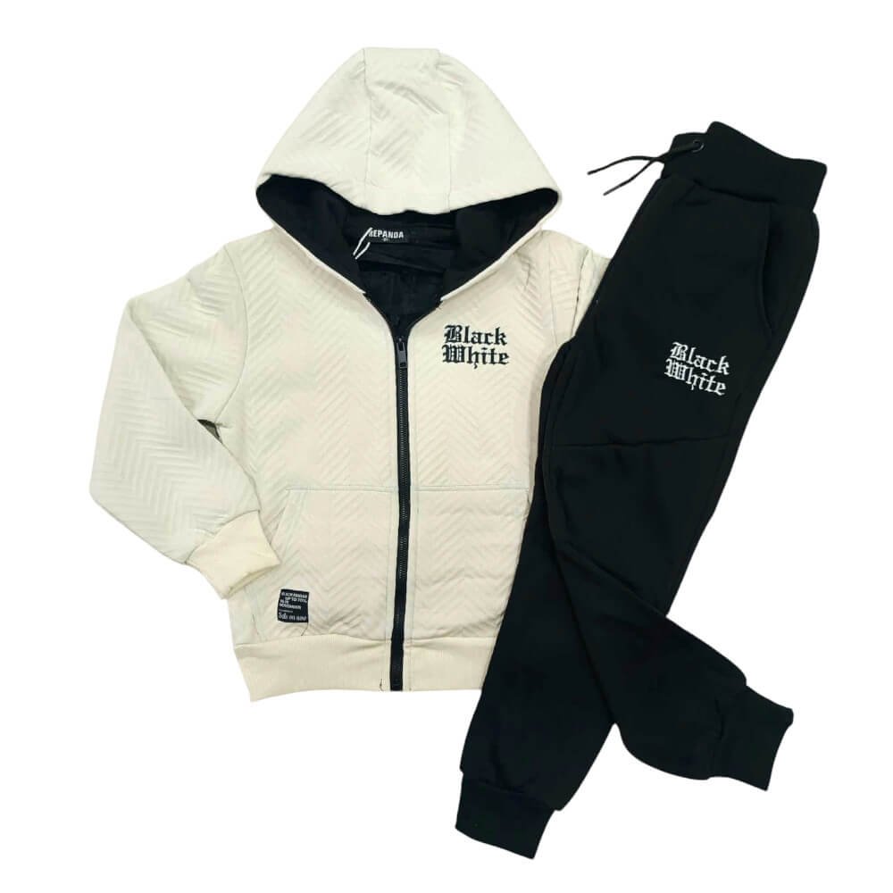 Σετ φόρμας με ανάγλυφη ζακέτα και βελούδινη εσωτερική επένδυση σε λευκό/μαύρο