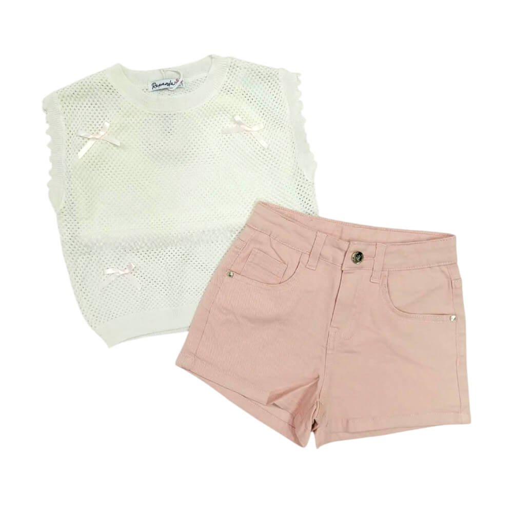 Σετ με τζιν σορτς και πλεκτή μπλούζα σε λευκό/ροζ