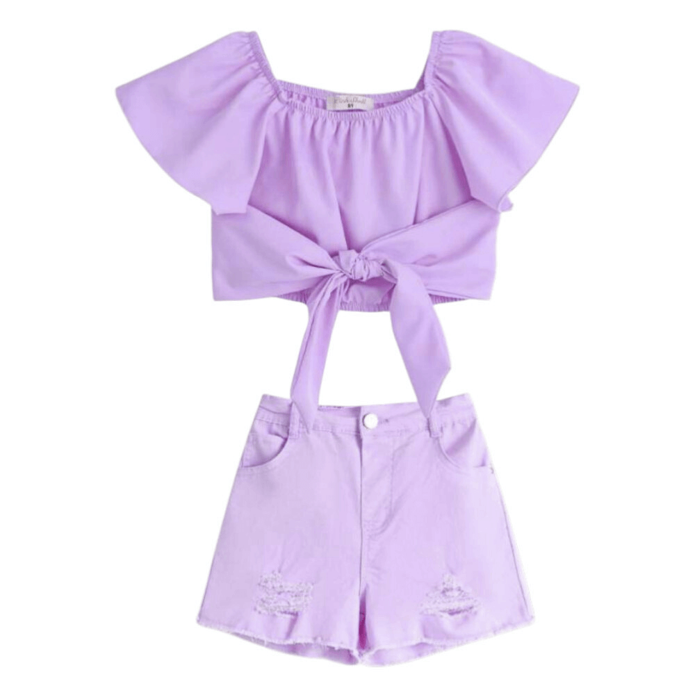 Σετ με top crop και τζιν σορτς σε λιλά