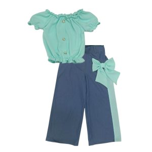 Σετ με Βερ Off-Shoulder Crop Top & Μπλε Παντελόνα με Μεγάλο Φιόγκο