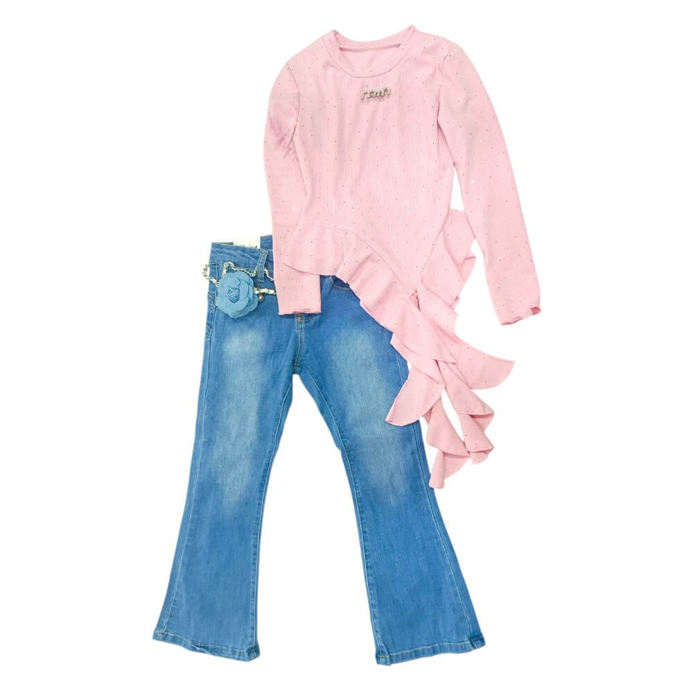 Σετ με ελαστικό τζιν καμπάνα και ροζ ριπ μπλούζα με βολάν