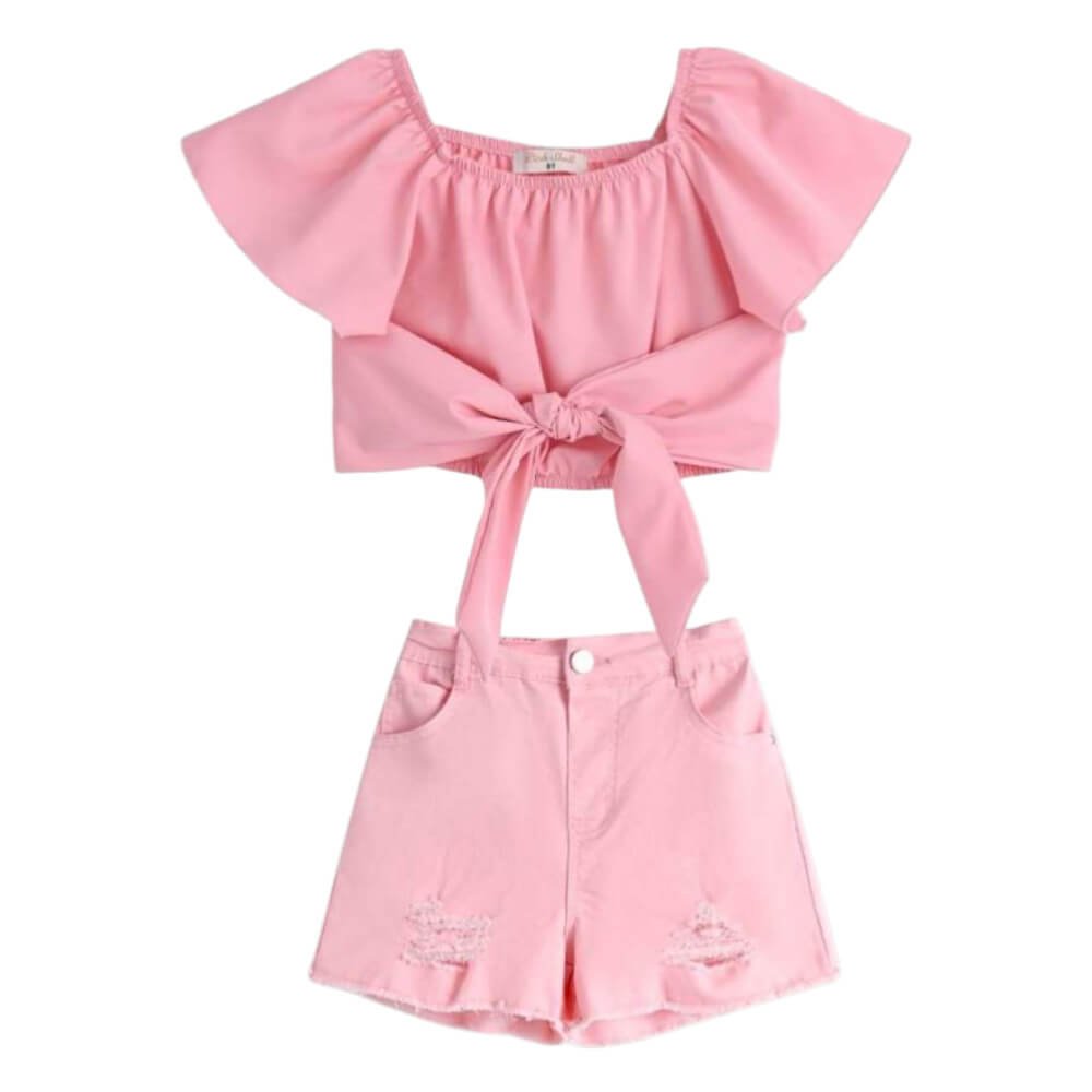 Crop Top με Βολάν & Denim Σορτς σε ροζ