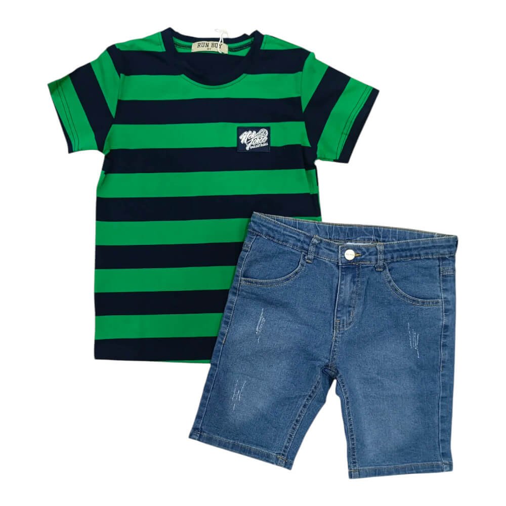 Σετ με πράσινη ριγέ μπλούζα και τζιν βερμούδα