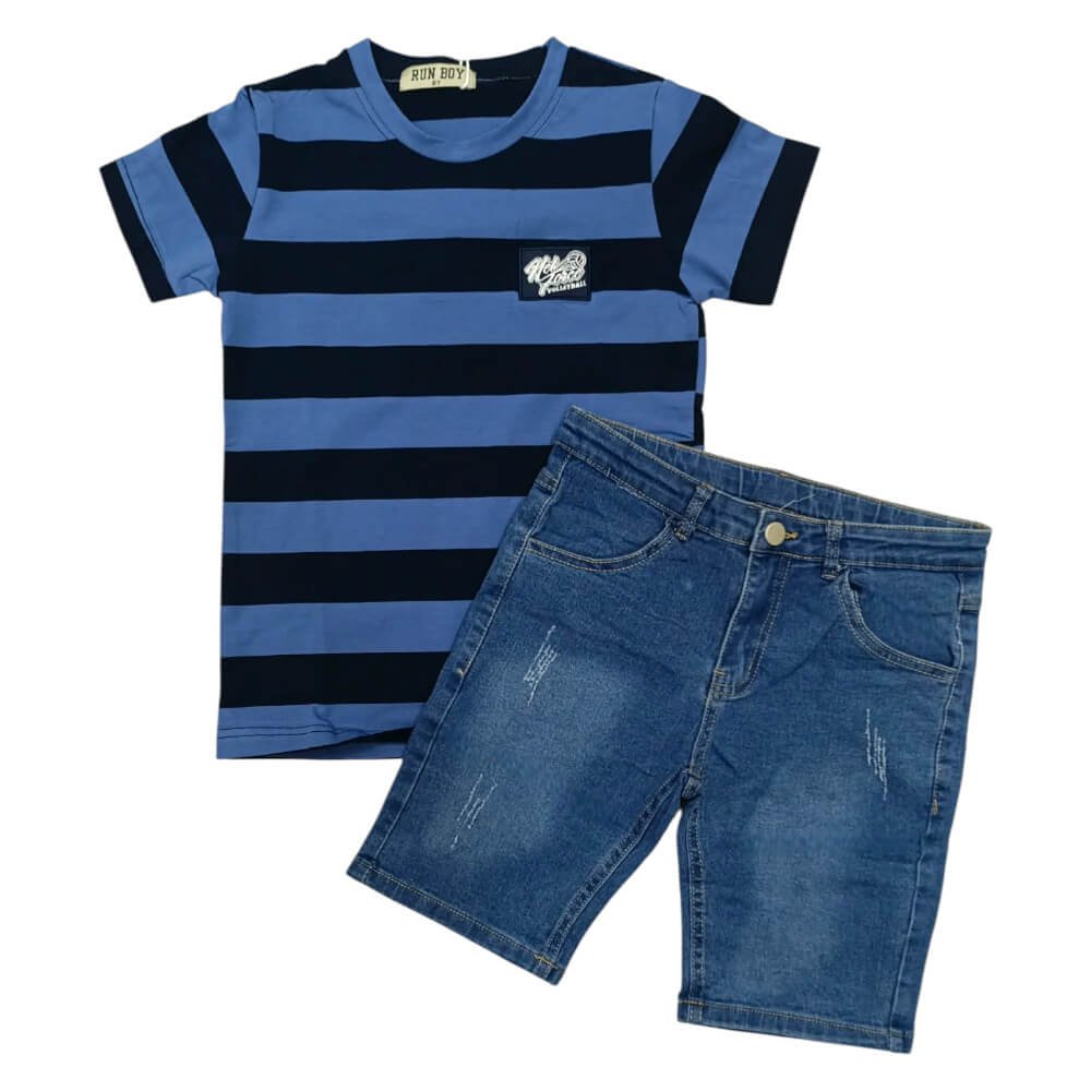 Σετ με μπλε ριγέ μπλούζα και τζιν βερμούδα
