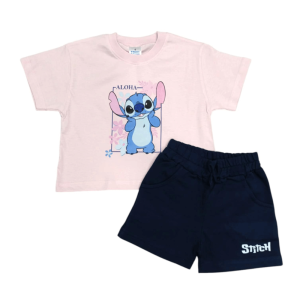 Καλοκαιρινό Σετ Stitch "Aloha" – Ροζ T-Shirt & Μπλε Σορτσάκι